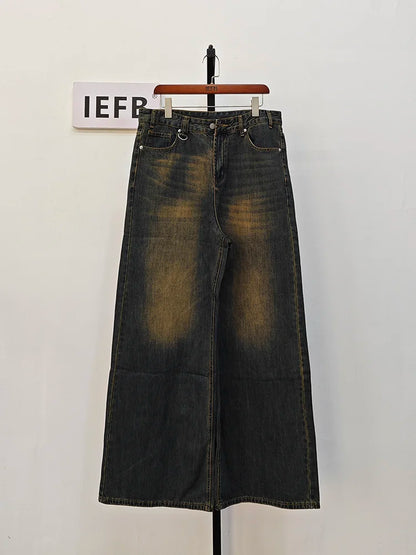 IEFB Men’s Summer Denim Jeans – Washed Blue Straight Loose Wide-Leg Casual Pants