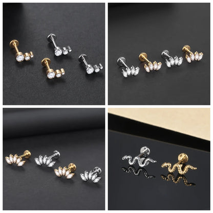Titanium CZ Tragus & Helix Stud – Internally Threaded Labret Lip Ring Piercing Earring (1PC)