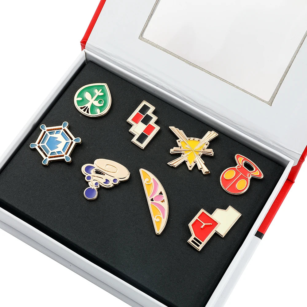 Pokemon Gym Badge Pin Set - Kanto to Kalos League Region Collectible Brooch Box