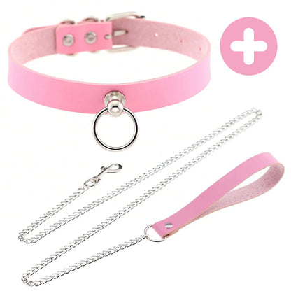 Pink Gothic Punk Collar Necklace - Cute Adjustable Couple Role-Play Choker with Matching Lanyard, Gift for Her
