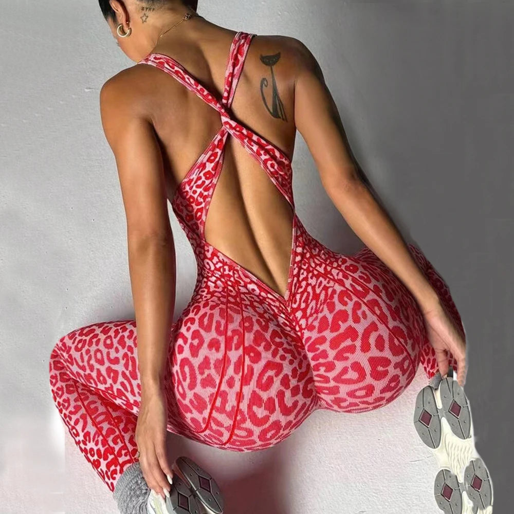 Women’s One-Piece Pad Jumpsuit Yoga Set – Flared Scrunch Workout Pants & Trendy Activewear XP10