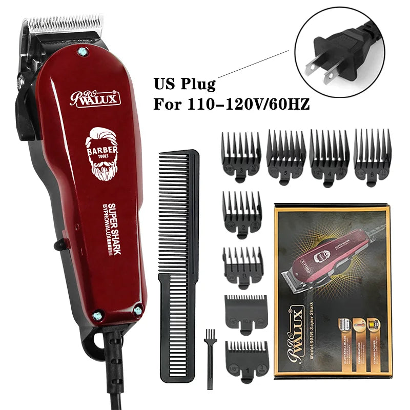 WALUX Professional AC220-240V Hair Clipper – 10W Powerful Hair Trimmer with 2M Cable & 8 Guard Combs for Home Use