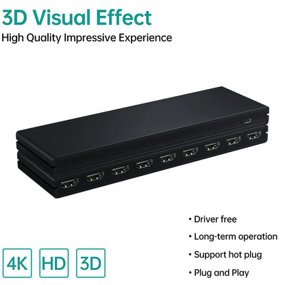 HDMI Splitter 1x8 4K 30Hz — 8-Port Video Distributor Converter, HDCP1.4 for PC, Laptop, PS4, DVD, Projector, TV
