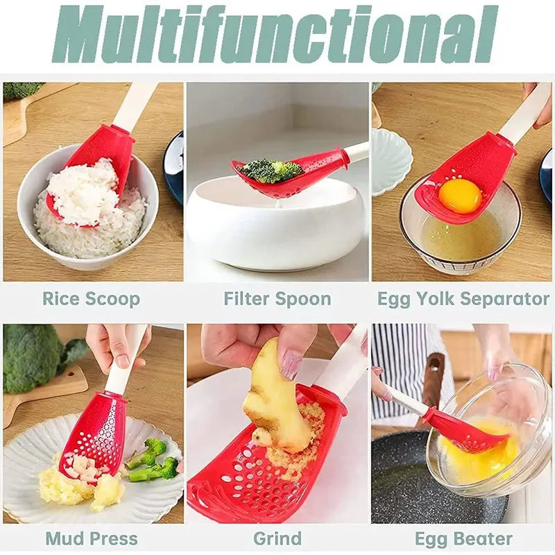 Multifunctional Kitchen Cooking Spoon - Strainer Scoop with Garlic Press, Hanging Hole, Potato & Egg Tool, Kitchen Accessory