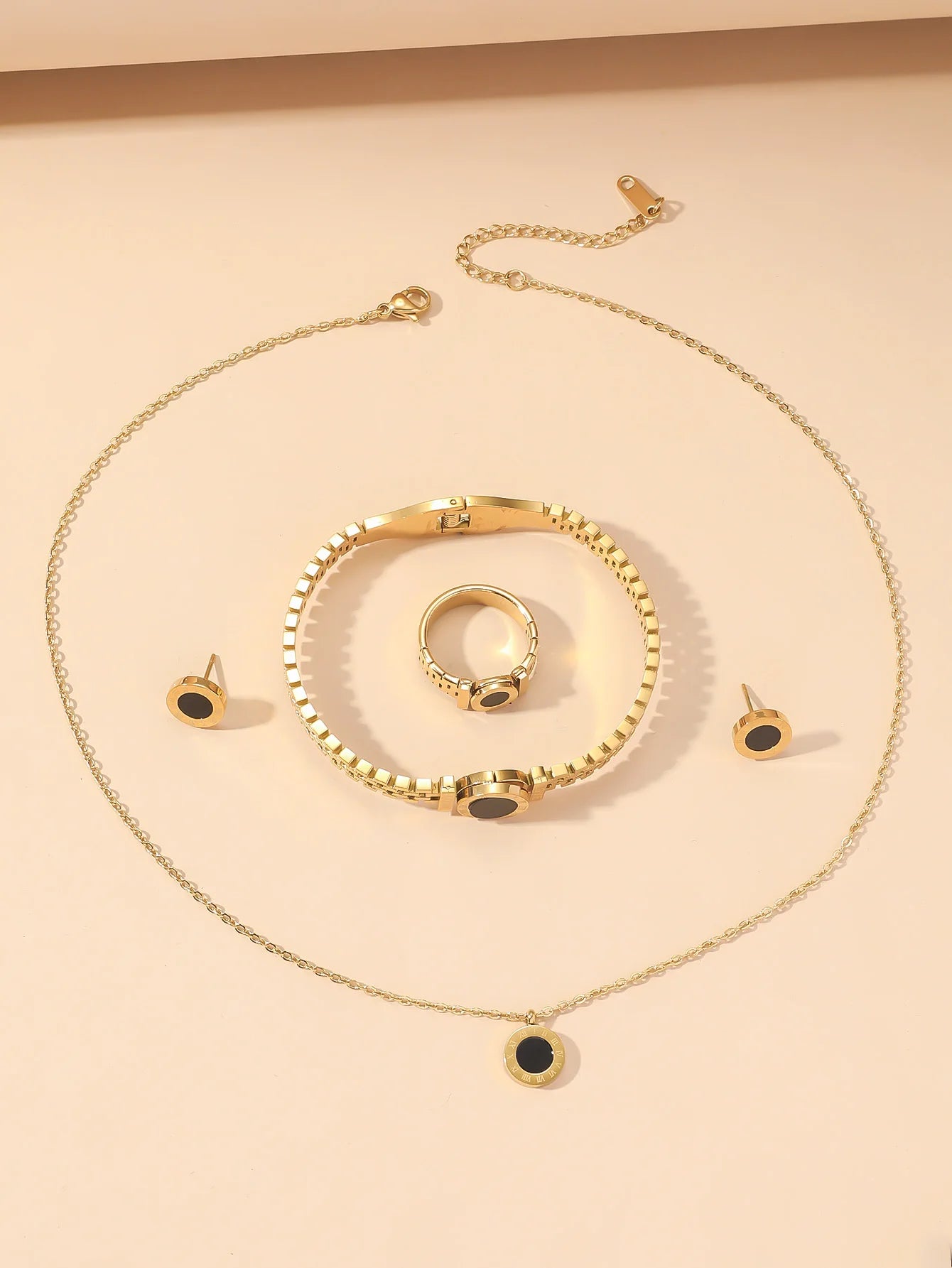 Niche Design Roman Digital Jewelry Set — Titanium Steel Necklace, Bracelet & Ring Studs for Women, Simple & Elegant