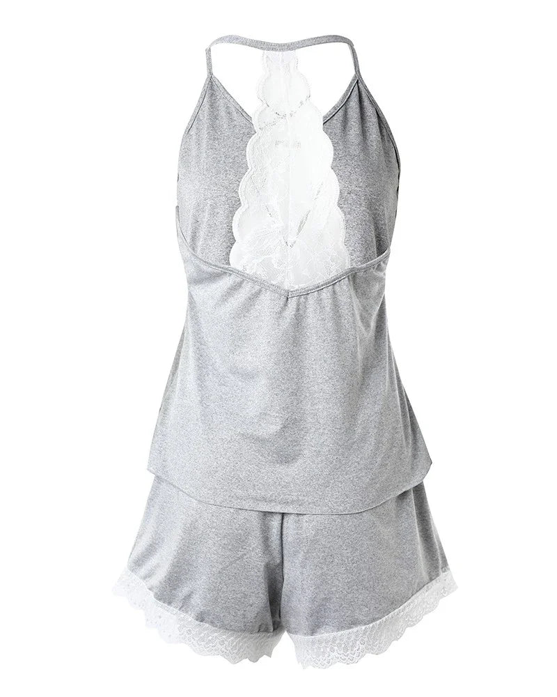 Women's Crochet Lace Pajamas Set – Sleeveless V-Neck Two-Piece Sexy Summer Sleepwear Homewear