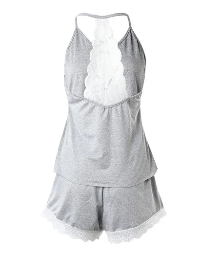 Women's Crochet Lace Pajamas Set – Sleeveless V-Neck Two-Piece Sexy Summer Sleepwear Homewear