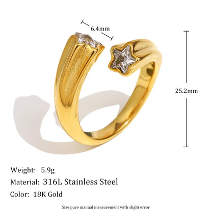 MamacitaSlay 316L Stainless Steel Star Zircon Open End Ring – Waterproof Women’s Party Jewelry Gift, High Quality Fashion Ring
