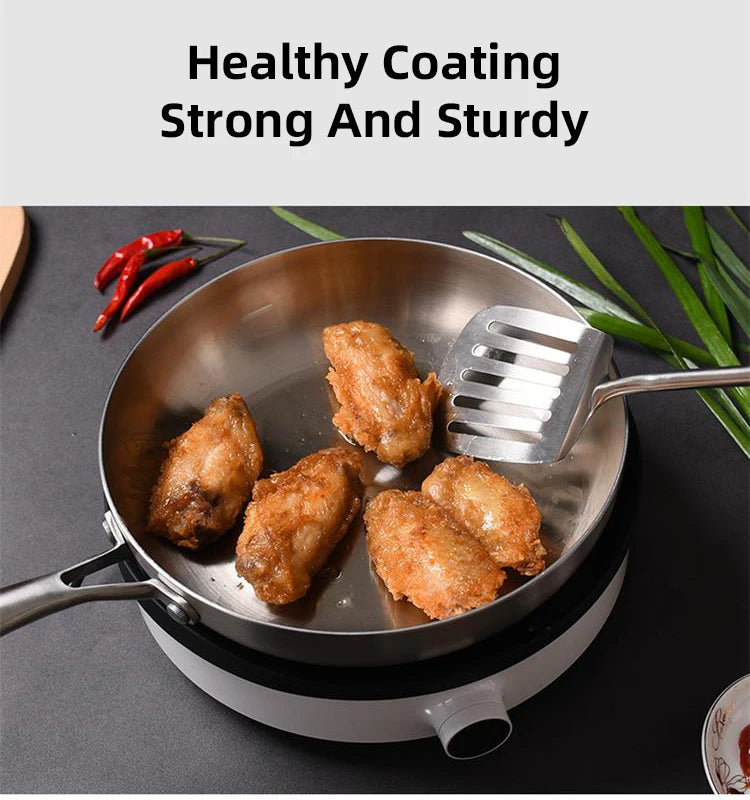 24CM Professional Grade Frying Pan - 304 Stainless Steel, 2MM Thick 5-Ply Steel Skillet & Cooking Pot