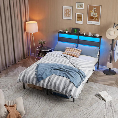 LED Bed Frame with Charging Station – Black Metal Platform Bed Frame with Headboard, Custom Design Modern Storage & Lighting Bed