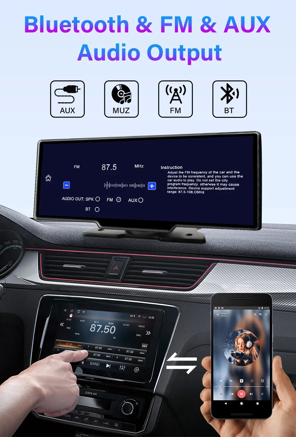 10.26'' 4K Dash Cam Car Mirror Video Player - Wireless CarPlay, Android Auto, GPS, and Rearview Camera Monitor