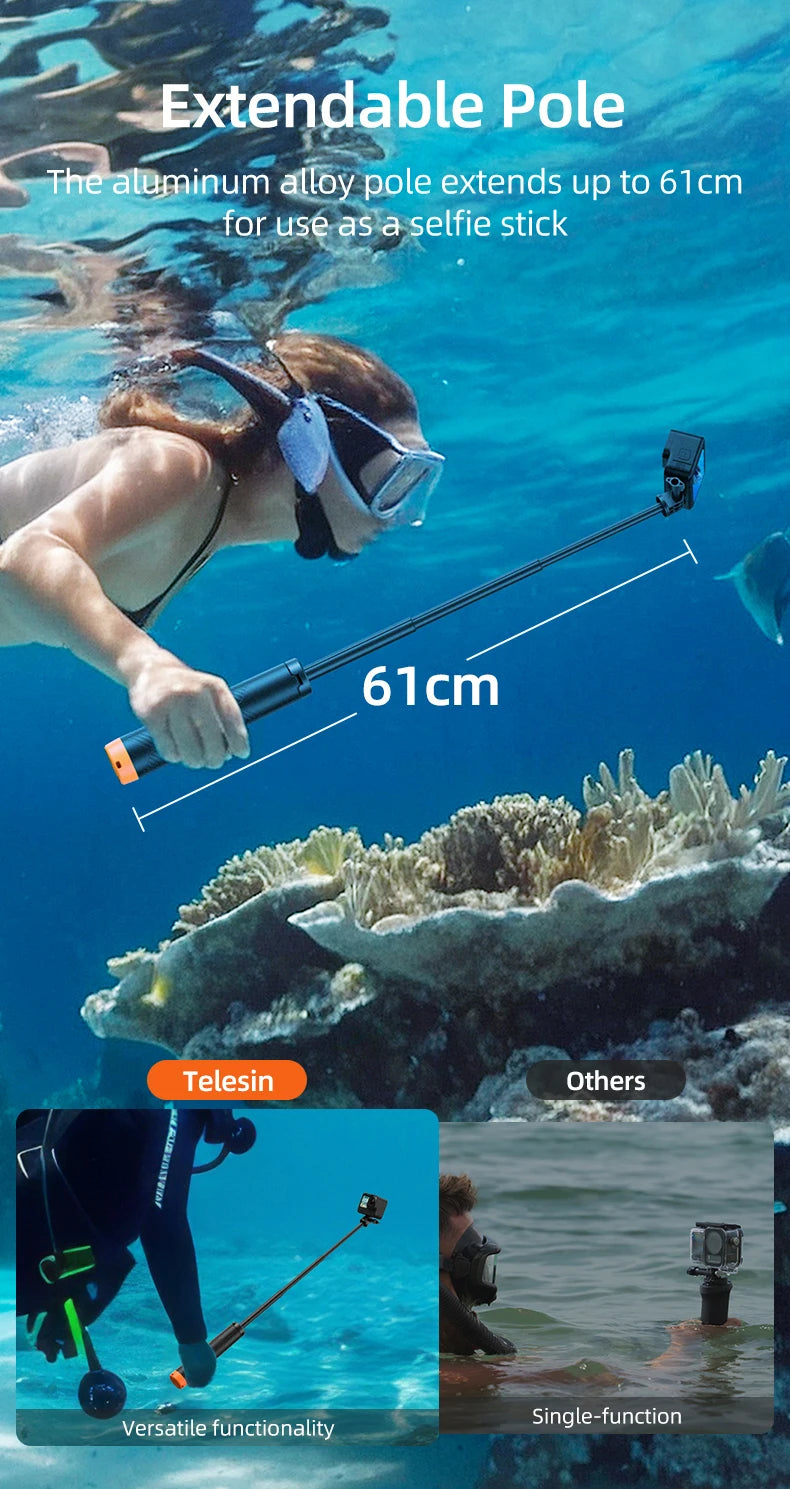 TELESIN Floating Underwater Selfie Stick Tripod – Extendable Buoyancy Pole for GoPro, Insta360, DJI Osmo Action Cameras