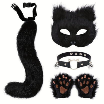 5pcs Fluffy Fur Fox Tail & Cat Paws Gloves Set — Wolf Mask Halloween Cosplay Costume Accessories for Theme Party Dress-Up