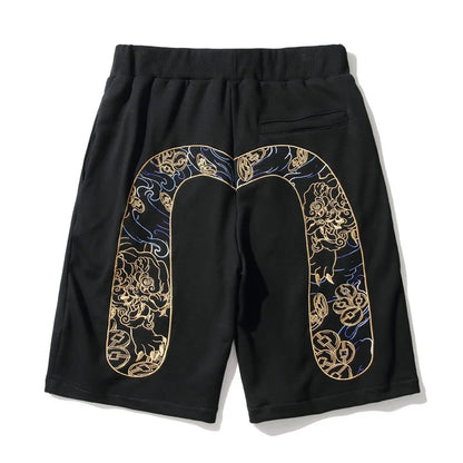 Men's Embroidered Denim Shorts - Black Hip-Hop Washed Cotton Shorts with Dragon & Cherry Blossom Design