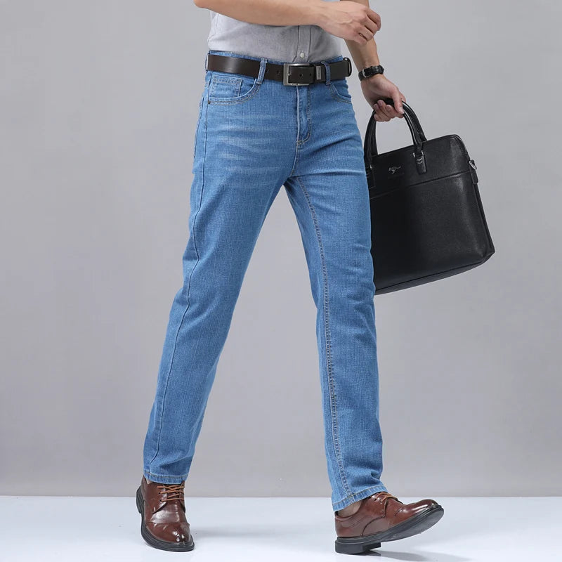 Men’s Casual Comfortable Jeans – Straight Loose Fit High Waist Elastic Trousers for All Seasons & Office Wear
