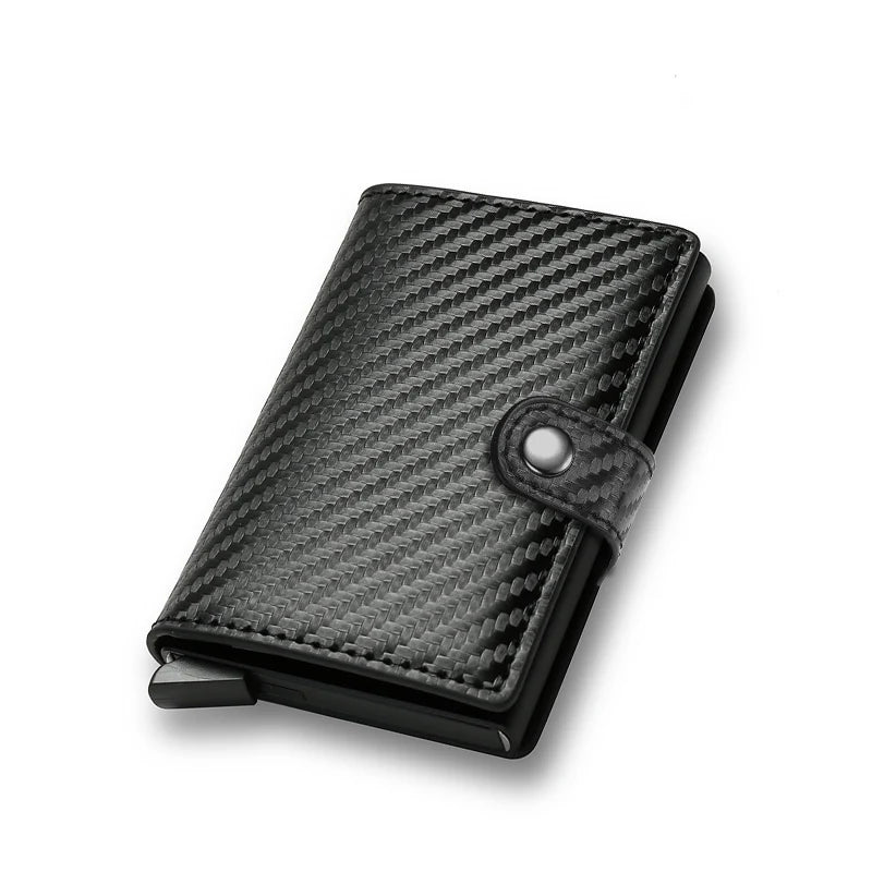 Carbon Fiber RFID Pop-Up Metal Wallet for Men – Slim Minimalist Credit Card Holder Black Purse