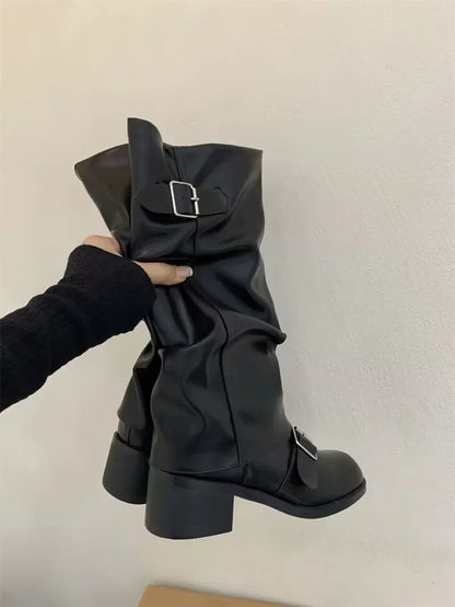 Women’s Knee-High Boots – Platform Chunky Heel Punk Gothic New Rock Leather Motorcycle Footwear Q221