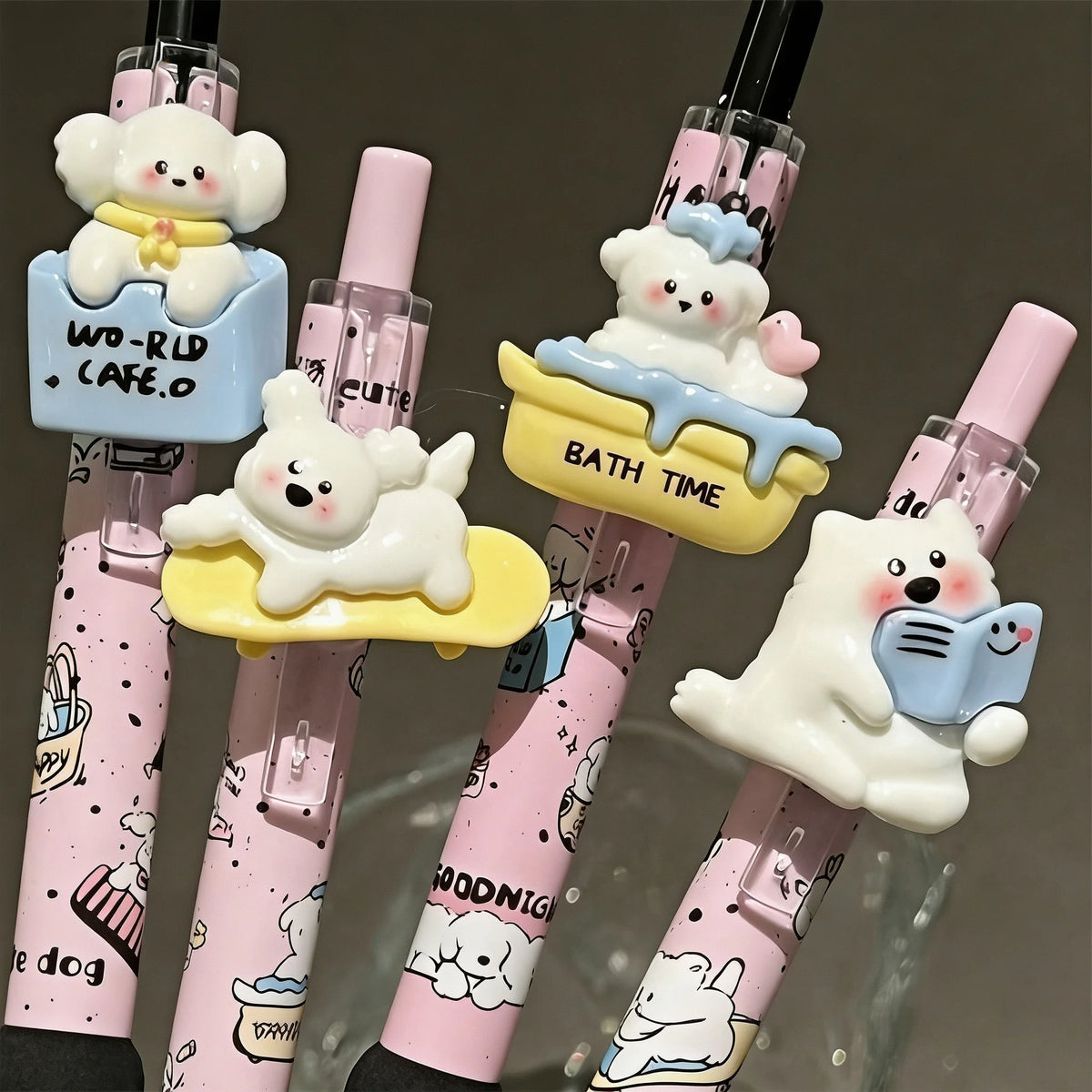 4-Piece Kawaii Apple Cat Gel Pen Set – 0.5mm Black Ink Cute Soft-Grip Pens for School and Office