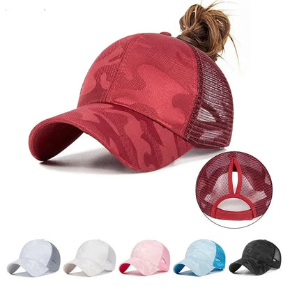Stay Active in Style: Women's Ponytail Baseball Cap - Spring/Summer Cotton Mesh Sun Hat with Adjustable Snapback for Running and Outdoor Activities