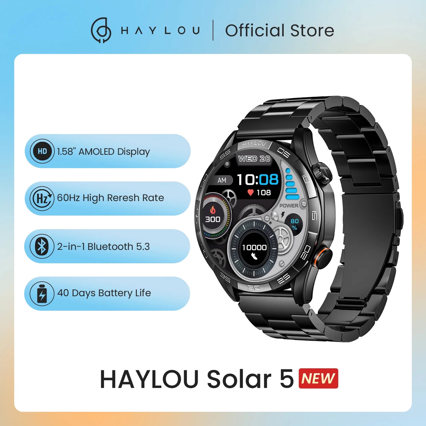 HAYLOU Solar 5 Smartwatch — 1.58" AMOLED, Voice Calling, 24H Health & Sports Tracker for Men