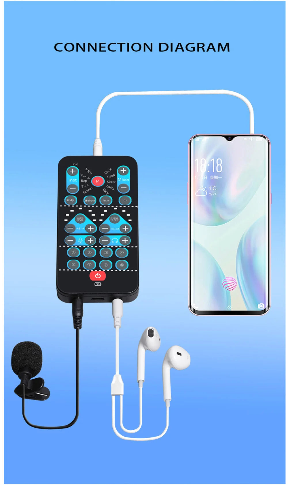 M10 Portable Voice Changer Device – Male to Female Switch, Karaoke & Live Sound Tuning Card
