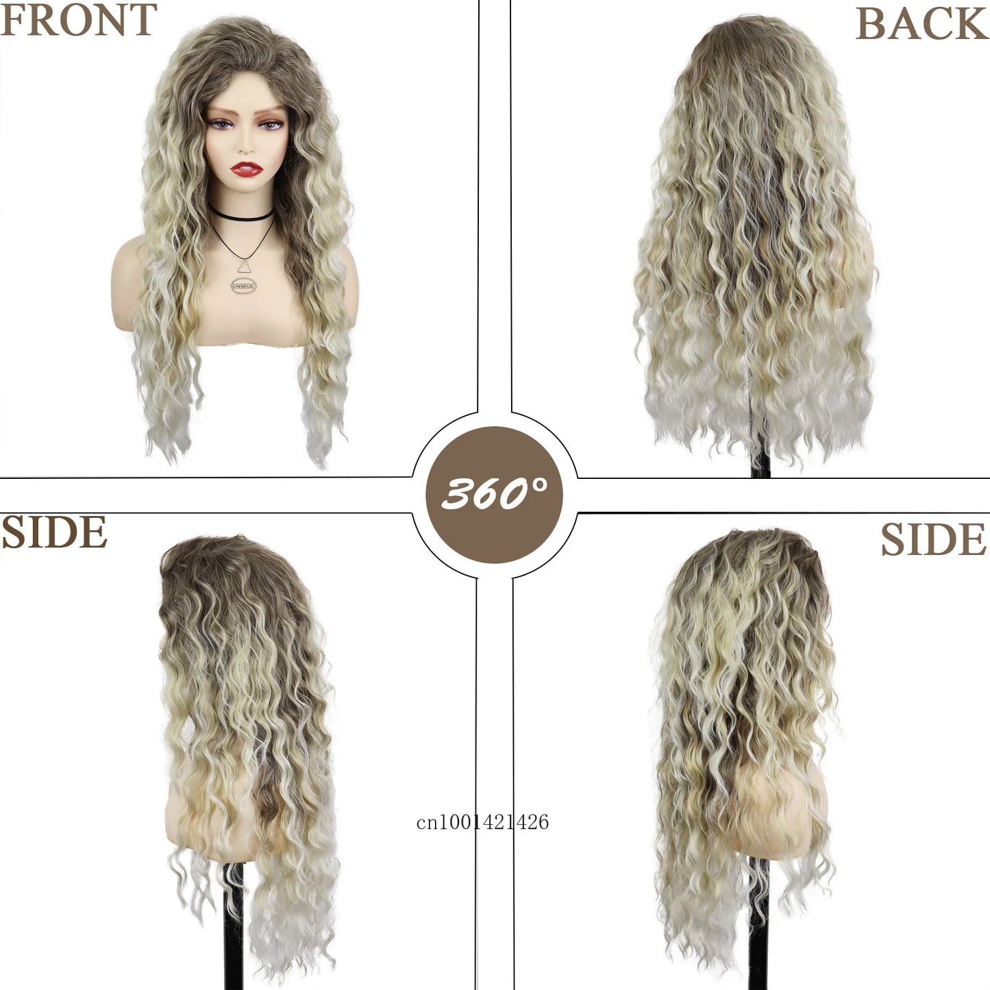Ash Blonde Synthetic Wig – 26" Long Curly Ombre Hair, Fluffy Wave Wig for Women, Costume & Party Wig
