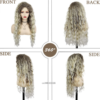 Ash Blonde Synthetic Wig – 26" Long Curly Ombre Hair, Fluffy Wave Wig for Women, Costume & Party Wig