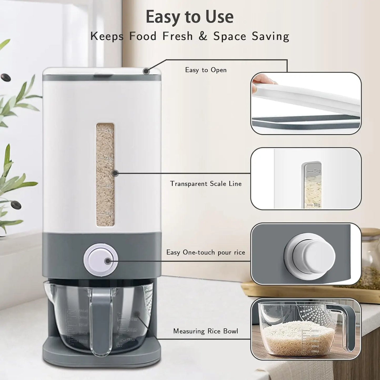 Large 25 lbs Rice & Cereal Dispenser | BPA-Free Dry Food Storage Container with Measuring Cup for Kitchen