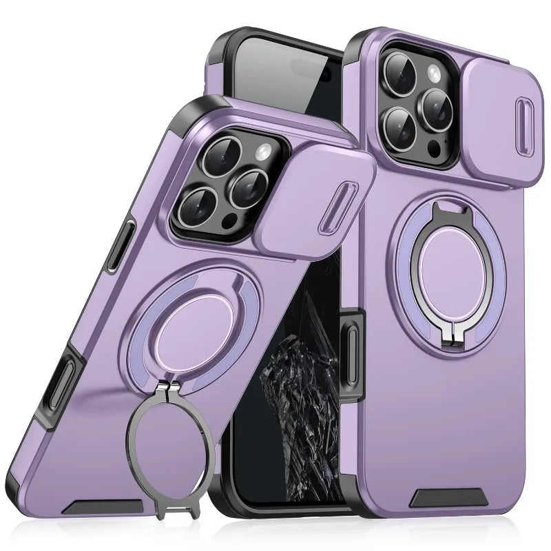 Luxury Rugged Armor Magnetic Case – Heavy Duty PC Cover with Slide Camera Protection for iPhone 16, 15, 14, 13, 12, 11 Pro Max Plus