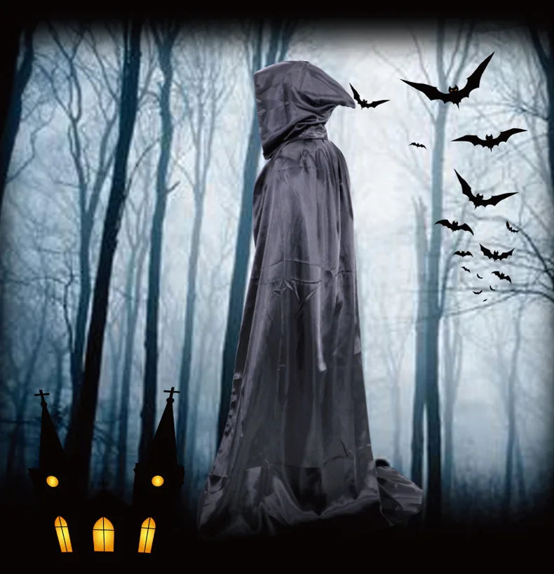 Unisex Halloween Hooded Black Cloak Witch Robe Long Cape Cosplay Costume Party Prop