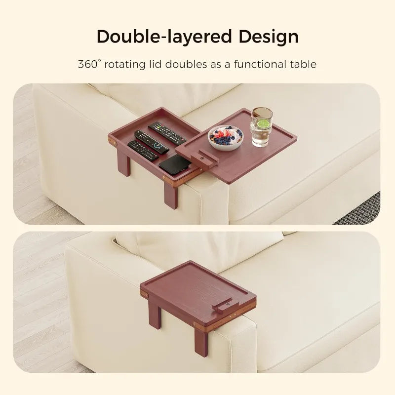 Black Sofa Armrest Tray with Storage Box – Couch Arm Table with 360° Rotating Top & Phone Stand