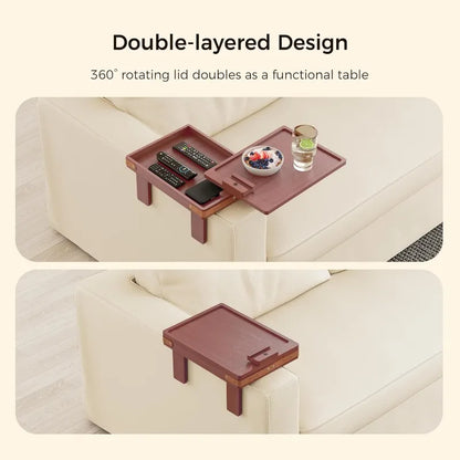 Black Sofa Armrest Tray with Storage Box – Couch Arm Table with 360° Rotating Top & Phone Stand