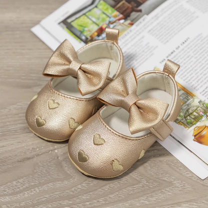 Baby Girls Shoes - Classic Dress Style with Cute Bow-Knot Heart, Anti-Slip Soft Sole First Walkers for Infants 0-18m