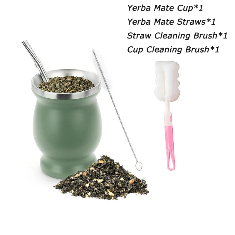 8oz 304 Stainless Steel Yerba Mate Cup Set – Double Wall Argentine Gourd with Bombilla Straw & Cleaning Brush Travel Mug