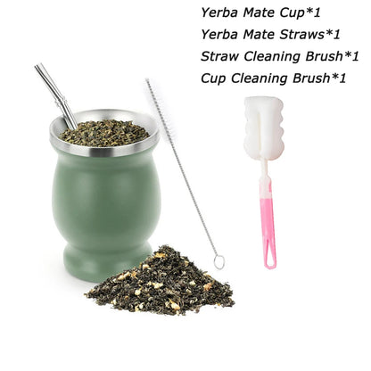 8oz 304 Stainless Steel Yerba Mate Cup Set – Double Wall Argentine Gourd with Bombilla Straw & Cleaning Brush Travel Mug