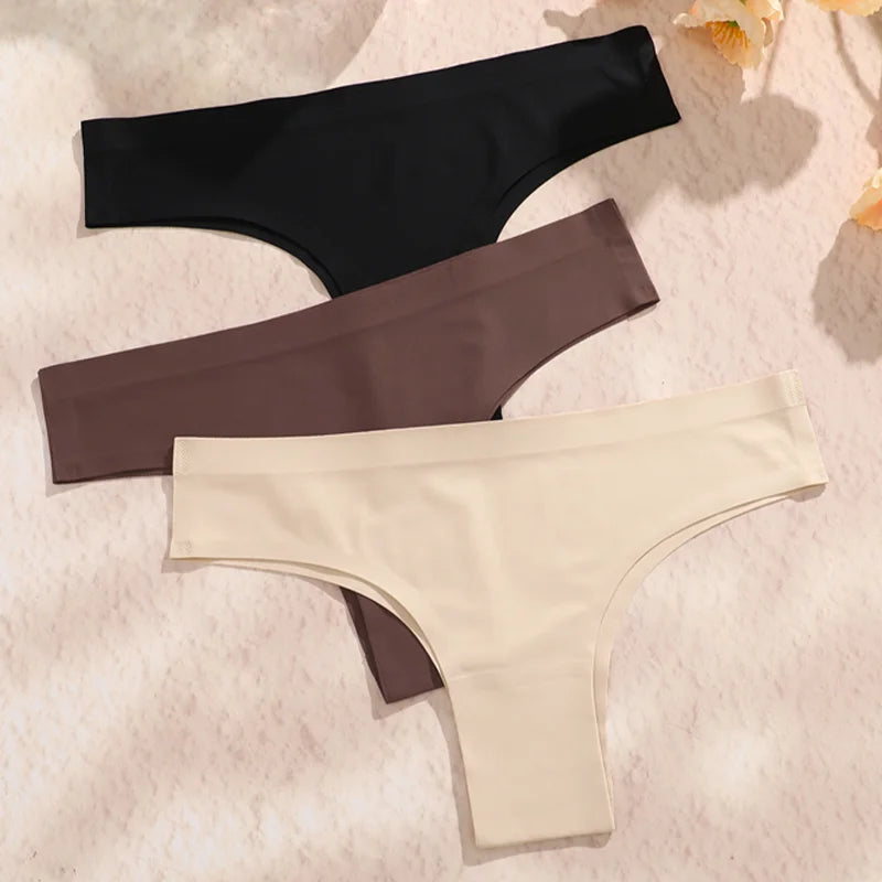 3PCS Seamless Maillard Ultra-Thin Brazilian Panties for Women – Ice Silk Low Waist G-String, Sexy Solid Underwear
