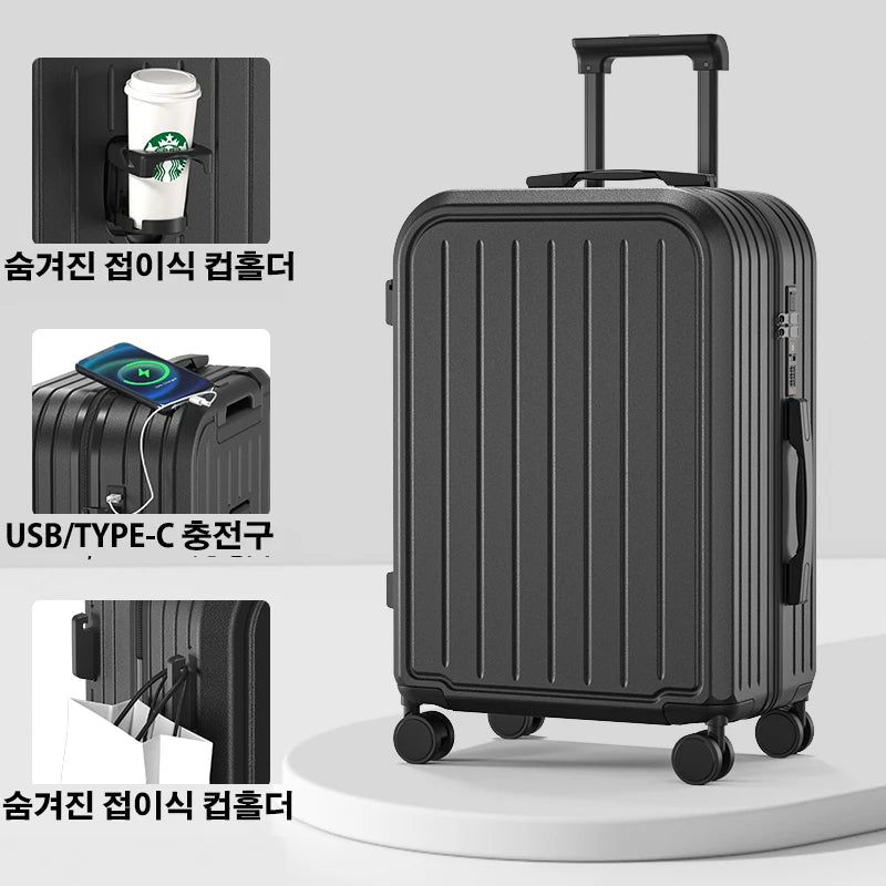 Large Capacity Trolley Suitcase – 20/22/24/26/28" Travel Luggage with Cup Holder for Business & Leisure