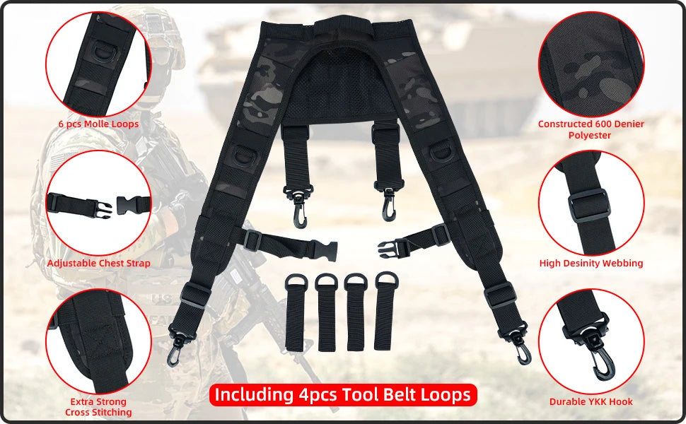 Tactical Police Suspenders — Adjustable Duty Belt Harness with 4 Tool Belt Loops for Law Enforcement