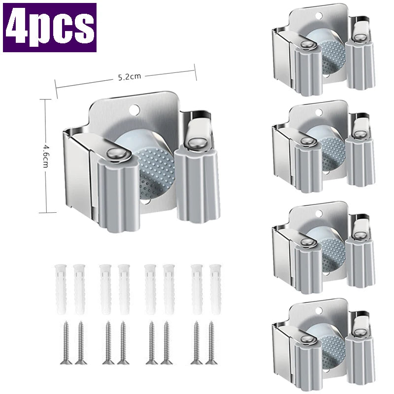 Stainless Steel Mop Clip Holder — Wall-Mounted Broom & Brush Hanger Rack for Kitchen & Bathroom Organization