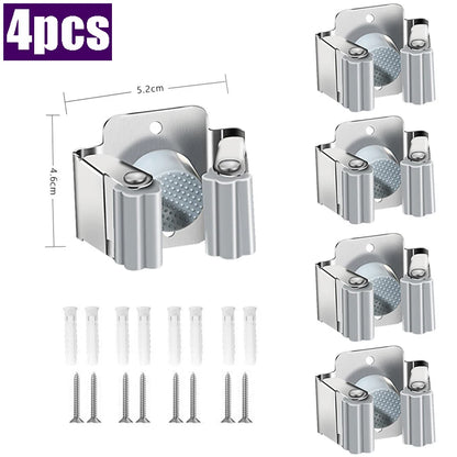 Stainless Steel Mop Clip Holder — Wall-Mounted Broom & Brush Hanger Rack for Kitchen & Bathroom Organization