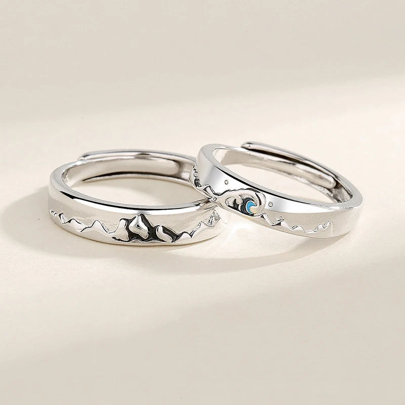 New Silver Couple Rings - Sun & Moon Adjustable Open Ring for Men & Women, Wedding & Fashion Jewelry Gift