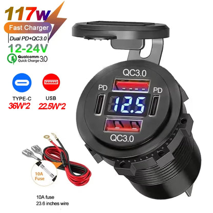 117W Dual USB Car Charger - PD & QC3.0 Fast Charging Adapter with Voltmeter Waterproof Socket for 12V/24V Vehicles