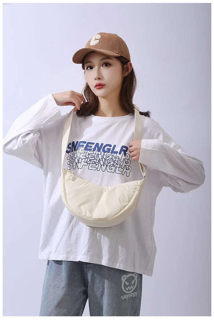 Solid Color Women's Portable Shoulder Bag – Simple Nylon Cloth Padded Crossbody Travel Purse & Messenger Bag