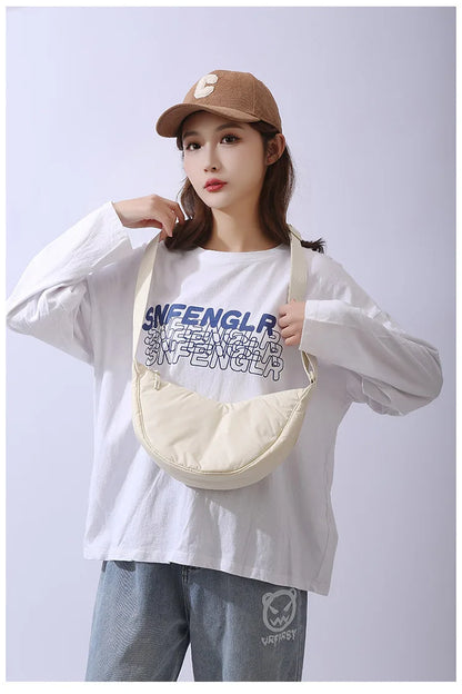 Solid Color Women's Portable Shoulder Bag – Simple Nylon Cloth Padded Crossbody Travel Purse & Messenger Bag