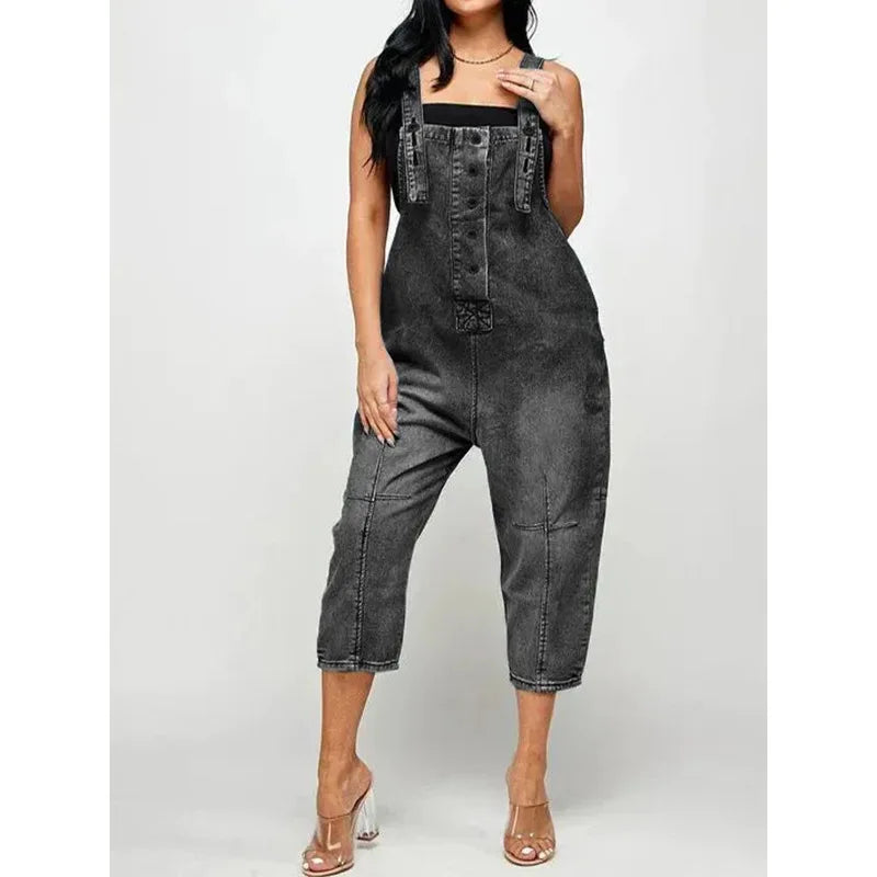 Women's Denim One Piece Jumpsuit - Sleeveless Straight Leg Overalls Romper for Casual & Office Wear