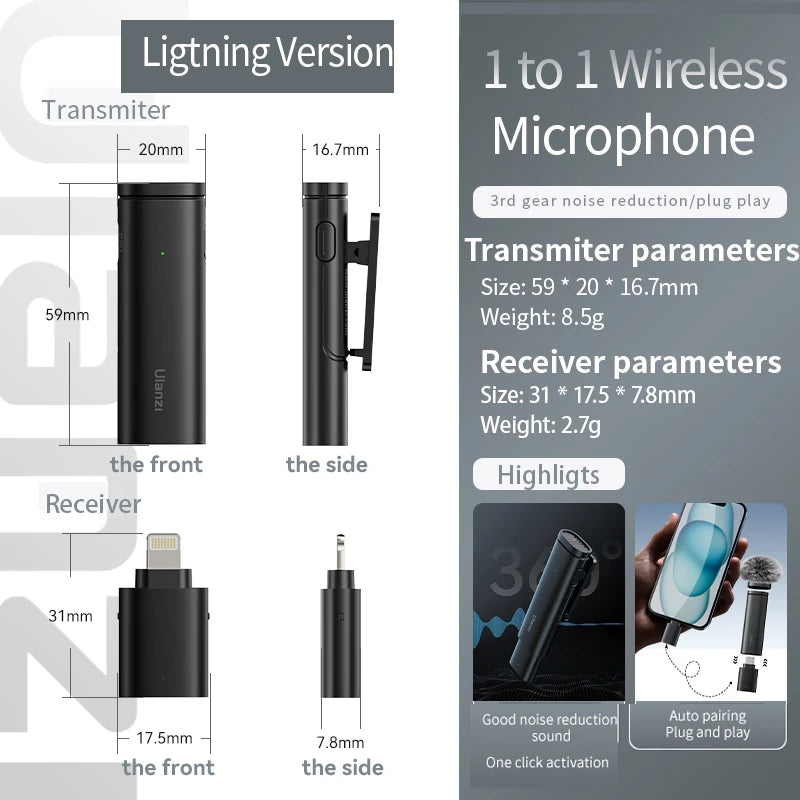 Ulanzi WM-10 Wireless Lavalier Microphone – 1-to-1 USB-C Mic for Android & iPhone, Windproof Sponge for Live Streaming & Recording