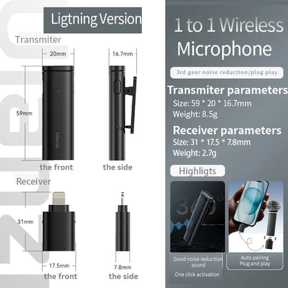 Ulanzi WM-10 Wireless Lavalier Microphone – 1-to-1 USB-C Mic for Android & iPhone, Windproof Sponge for Live Streaming & Recording
