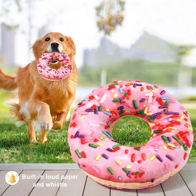 Plush Dog Toy in Doughnut & Pizza Shape – Squeaky Chew Toy for Small & Large Dogs, Teeth Cleaning Puppy Toy