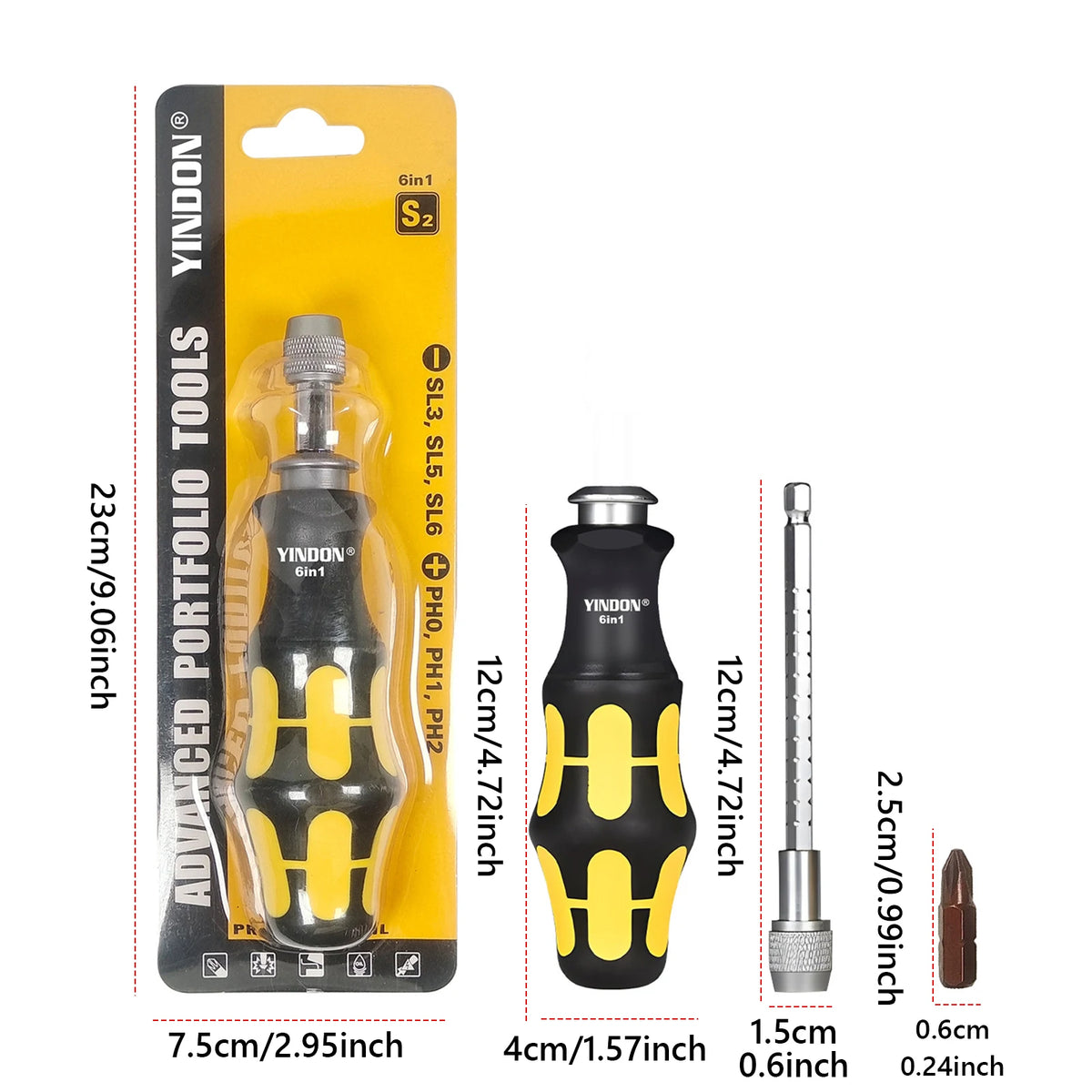 6-in-1 Pocket Screwdriver - Compact Anti-Slip Handle Tool with 6 Bits for Electronics & Small Appliance Repair