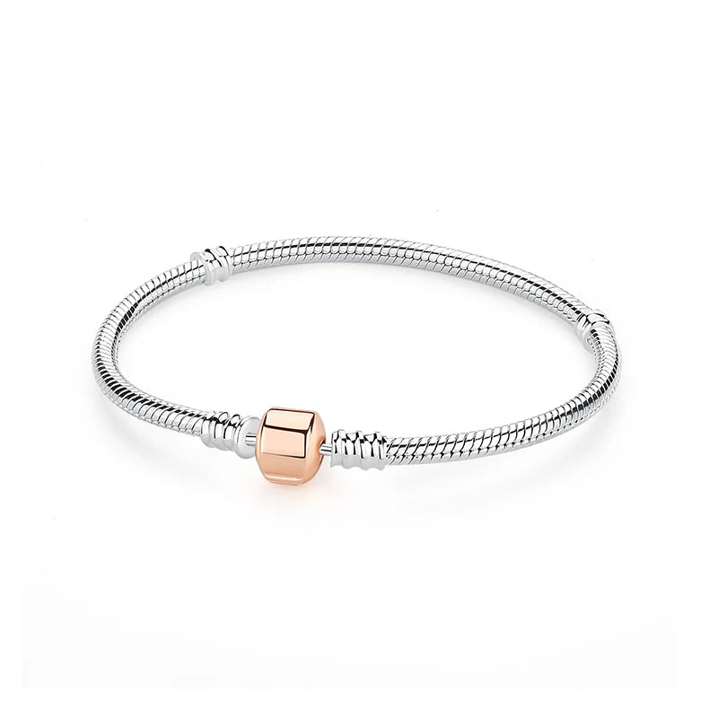 925 Sterling Silver Love Heart Charm Bracelet – Rose Gold Snake Chain Bangle for Women | DIY Luxury Bead Jewelry Accessories